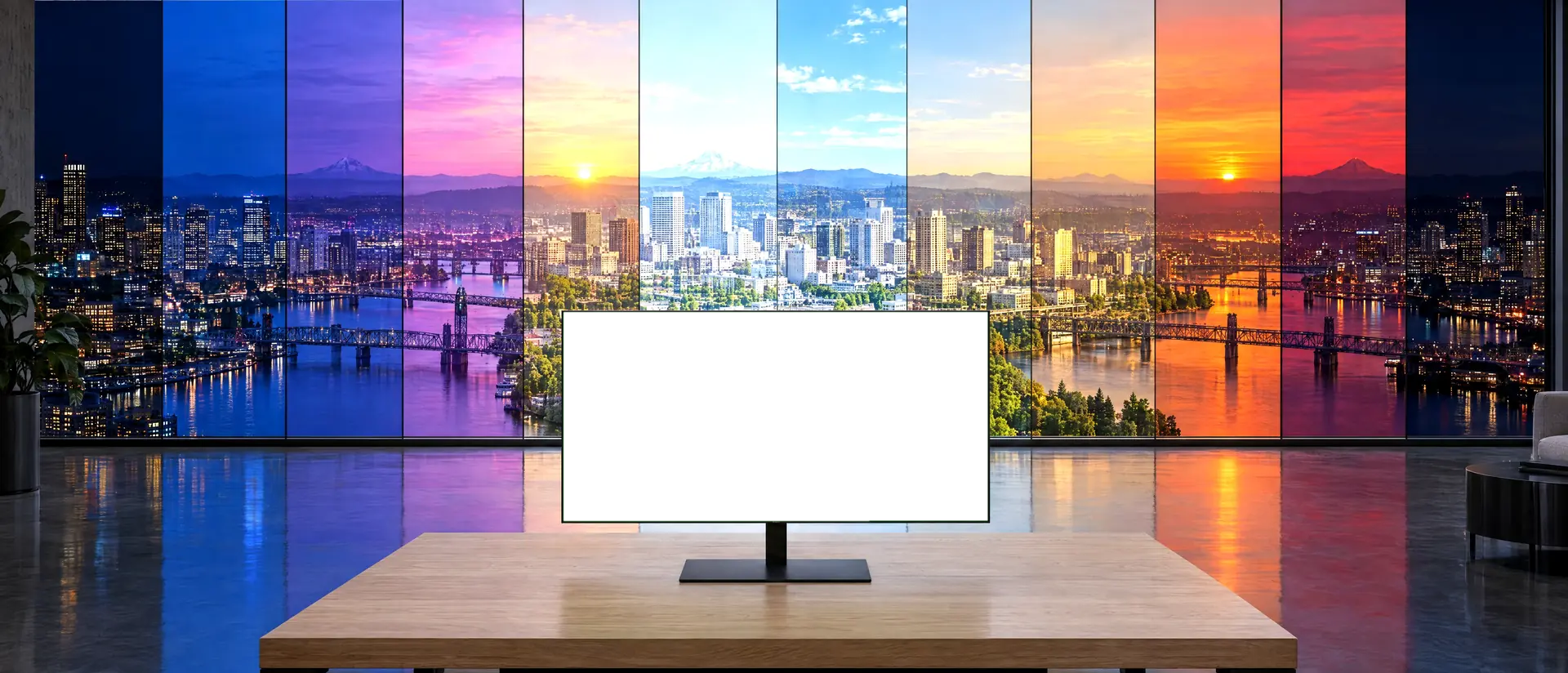 A studio window in twelve strips, night through noon and back to night, with a monitor on the table where one of our properties is being built